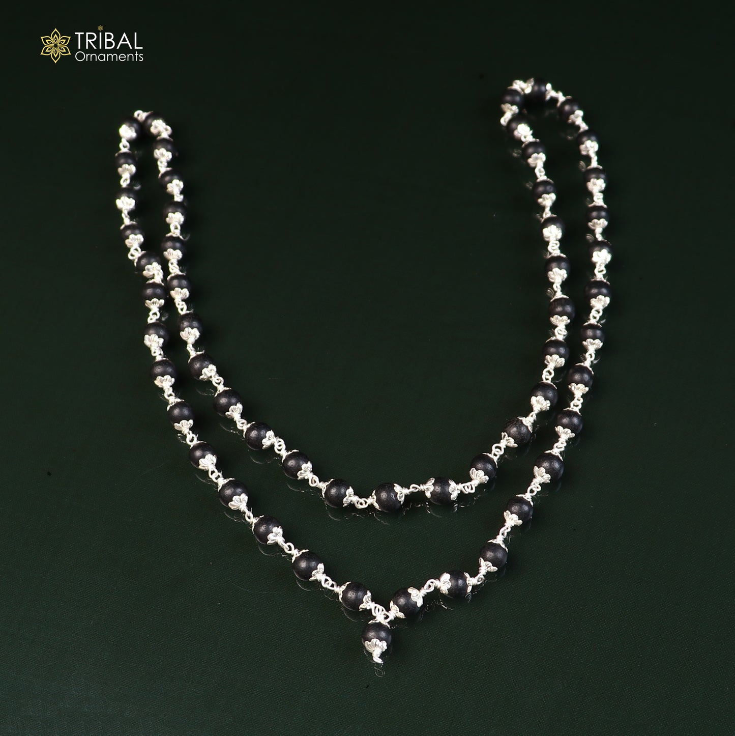 Handmade karungali round beads mala with 54/108 beads on a 925 solid silver chain necklace by Tribal Ornaments.