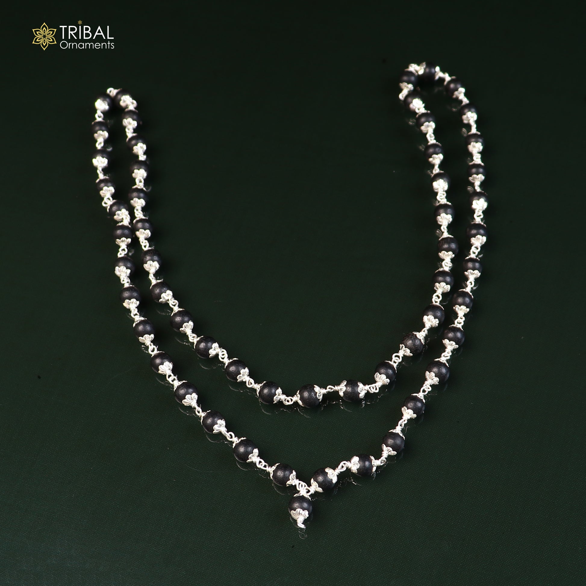 Handmade karungali round beads mala with 54/108 beads on a 925 solid silver chain necklace by Tribal Ornaments.