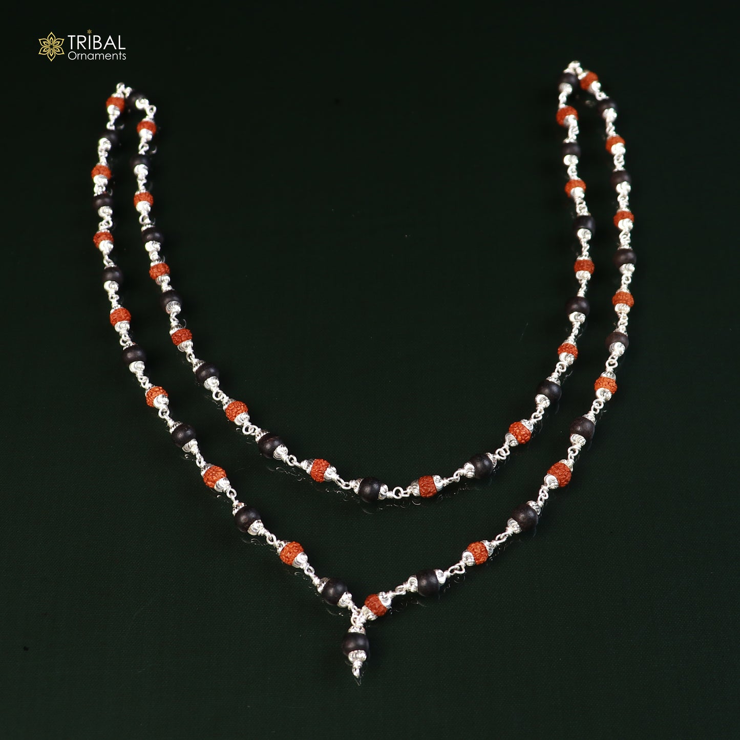 925 silver Navkar Jaap mala with 54 or 108 Karungali and Rudraksha beads, featuring a traditional chanting necklace design.