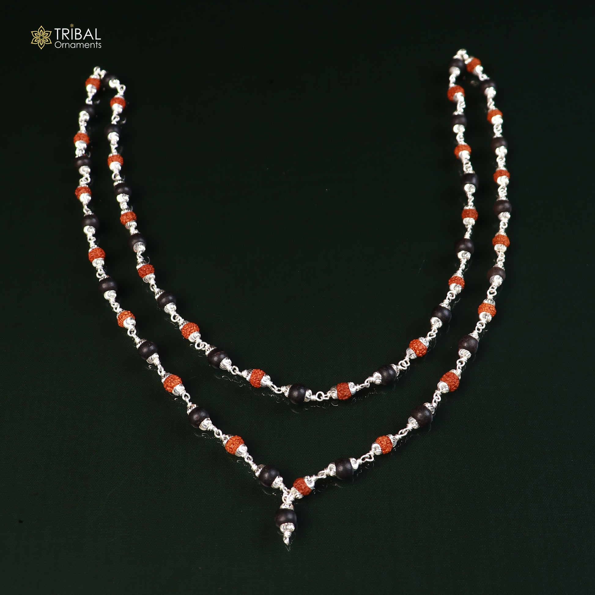 925 silver Navkar Jaap mala with 54 or 108 Karungali and Rudraksha beads, featuring a traditional chanting necklace design.