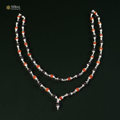 925 silver Navkar Jaap mala with 54 or 108 Karungali and Rudraksha beads, featuring a traditional chanting necklace design.