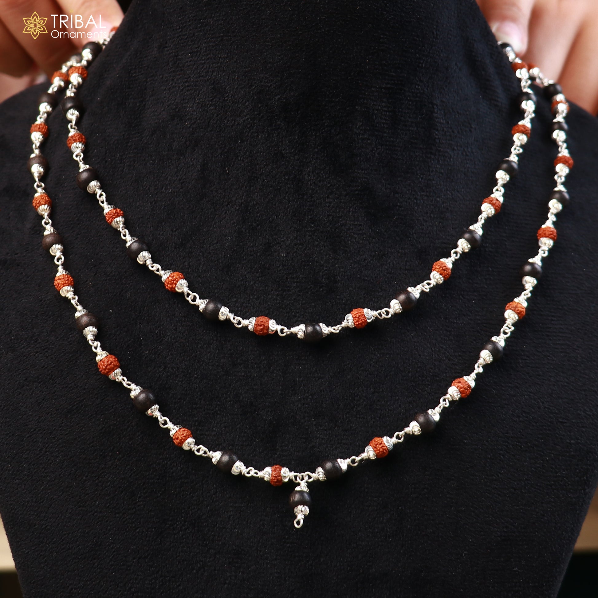 Silver Navkar Jaap mala with 54 or 108 Karungali and Rudraksha beads, 925 solid silver chanting necklace by TRIBAL ORNAMENTS.
