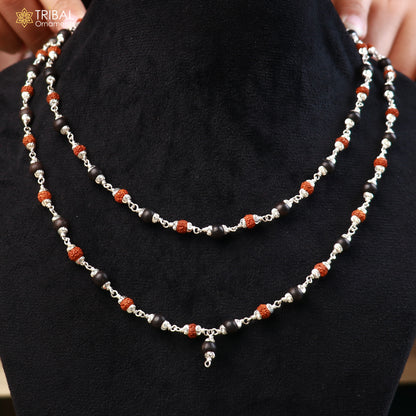 Silver Navkar Jaap mala with 54 or 108 Karungali and Rudraksha beads, 925 solid silver chanting necklace by TRIBAL ORNAMENTS.