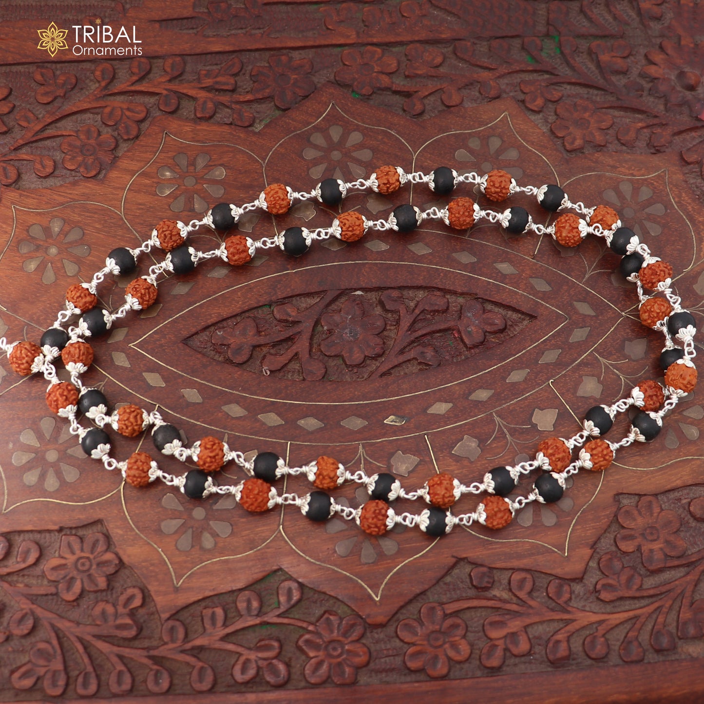 Silver Navkar Jaap Mala with 54/108 Karungali and Rudraksha beads, crafted in solid 925 silver, for spiritual chanting.