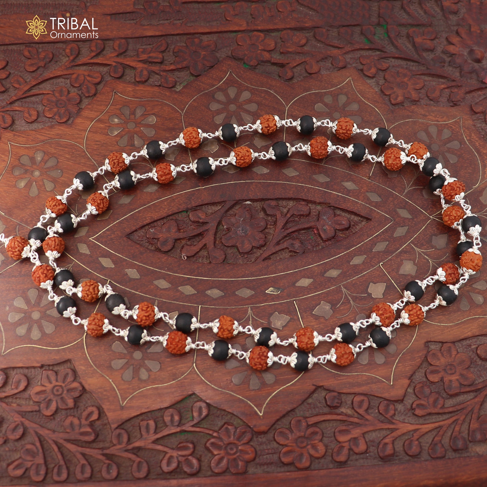 Silver Navkar Jaap Mala with 54/108 Karungali and Rudraksha beads, crafted in solid 925 silver, for spiritual chanting.