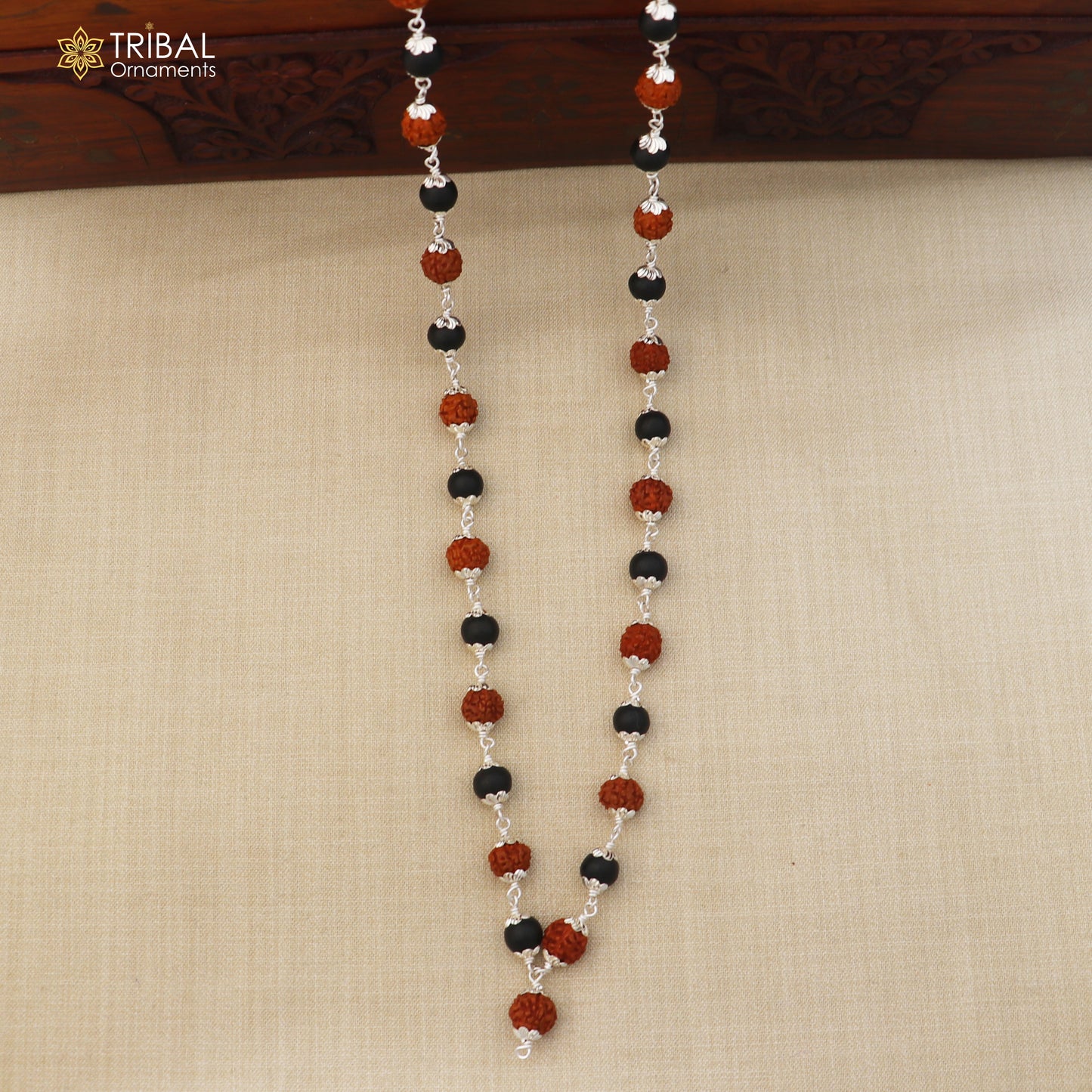 Silver navkar jaap mala with 54 and 108 Karungali and Rudraksha beads, 925 solid silver chanting necklace.