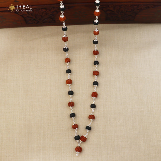 Silver navkar jaap mala with 54 and 108 Karungali and Rudraksha beads, 925 solid silver chanting necklace.