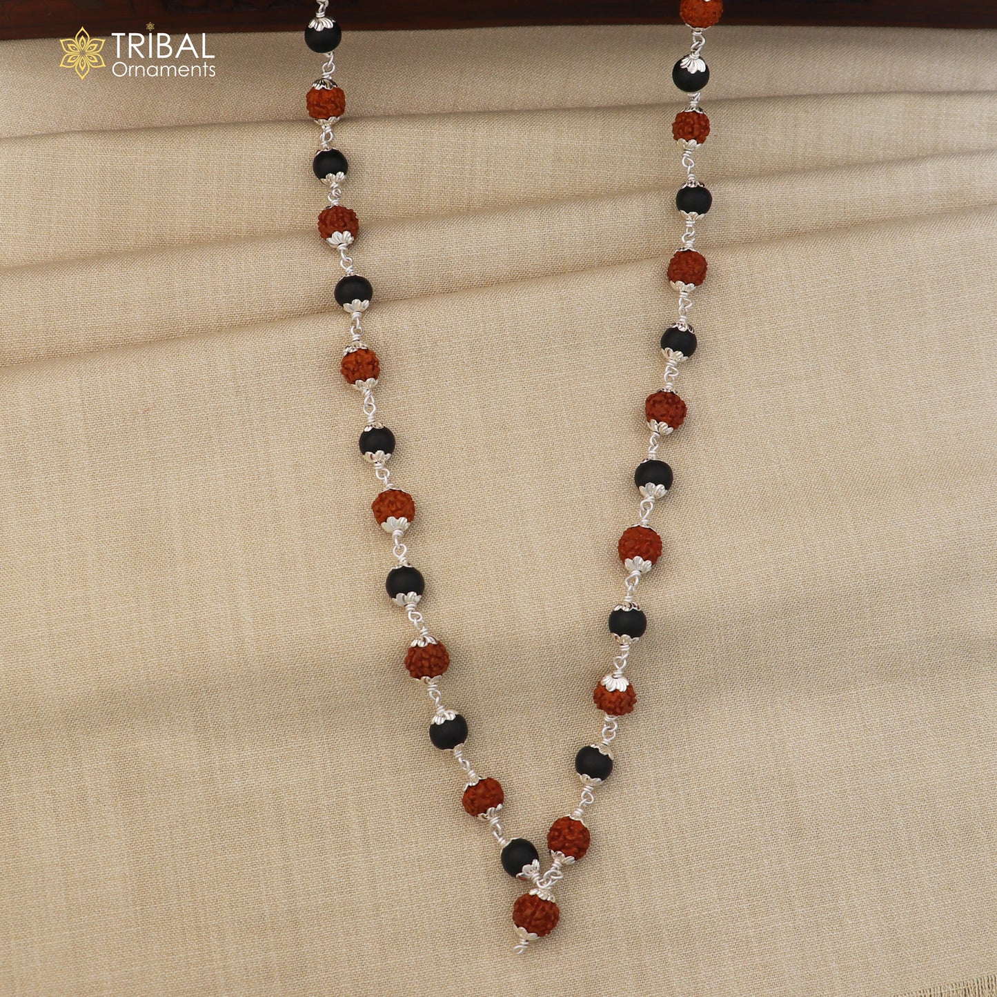 Silver Navkar Jaap mala with 54/108 Karungali and Rudraksha beads, TRIBAL ORNAMENTS 925 silver chanting necklace.