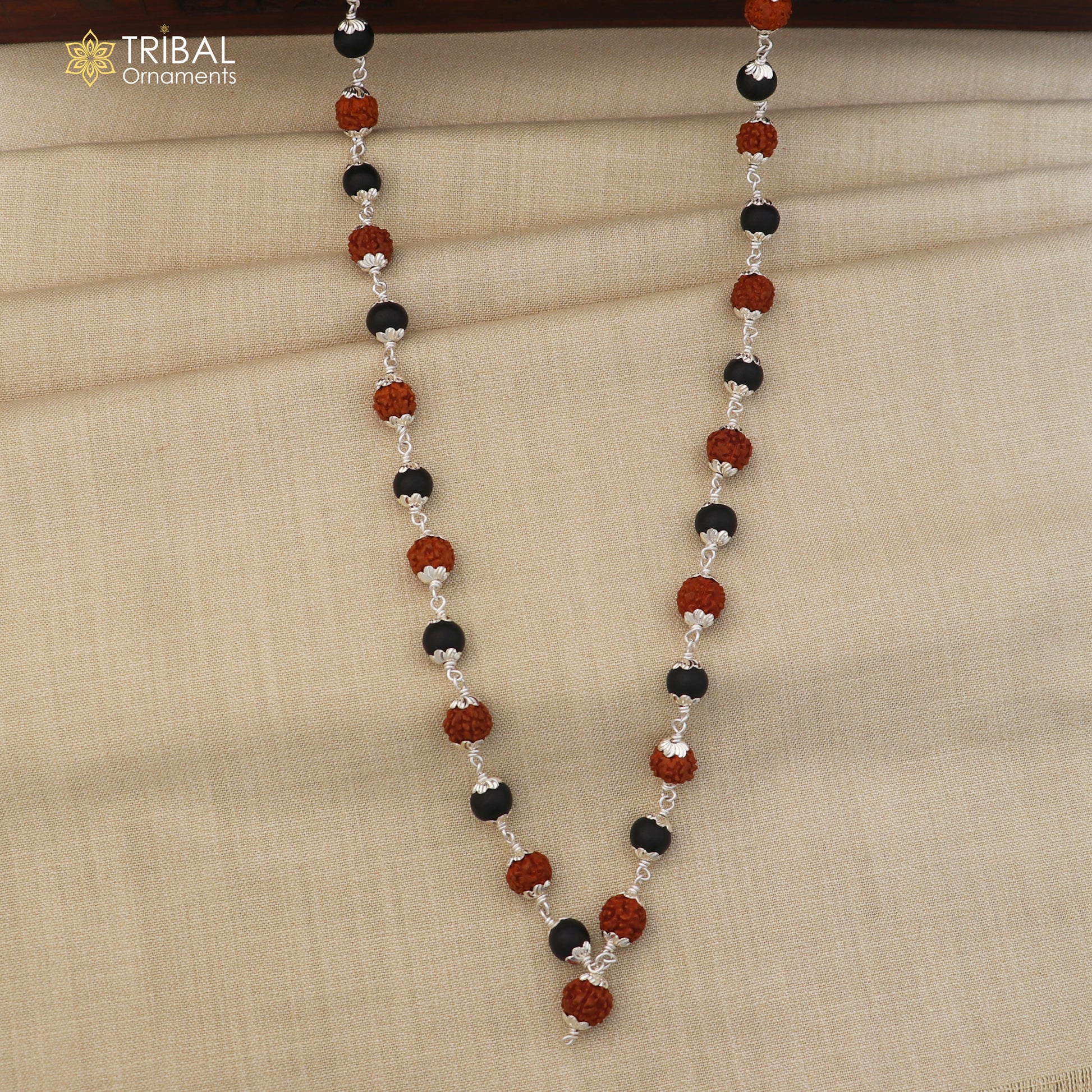 Silver Navkar Jaap mala with 54/108 Karungali and Rudraksha beads, TRIBAL ORNAMENTS 925 silver chanting necklace.