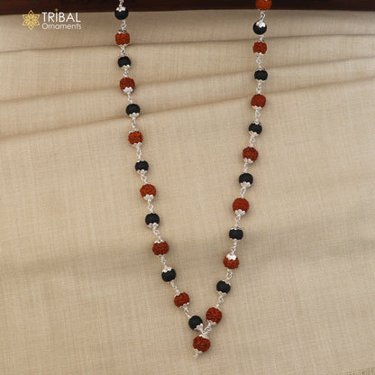 Silver Navkar Jaap mala with 54/108 Karungali and Rudraksha beads, TRIBAL ORNAMENTS 925 silver chanting necklace.