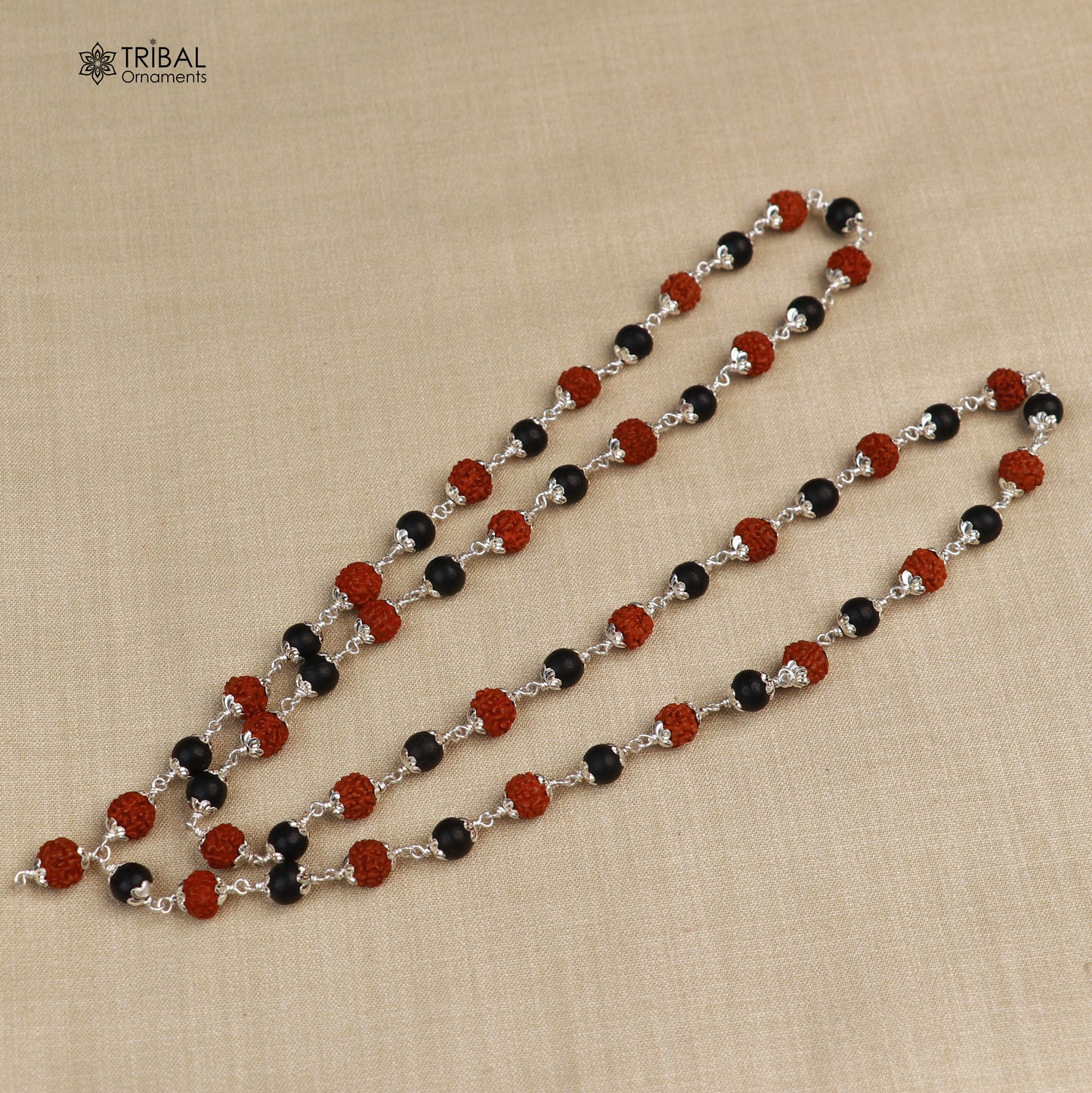 Silver Navkar Jaap mala with 54 and 108 beads, featuring Karungali and Rudraksha beads, crafted in 925 solid silver.