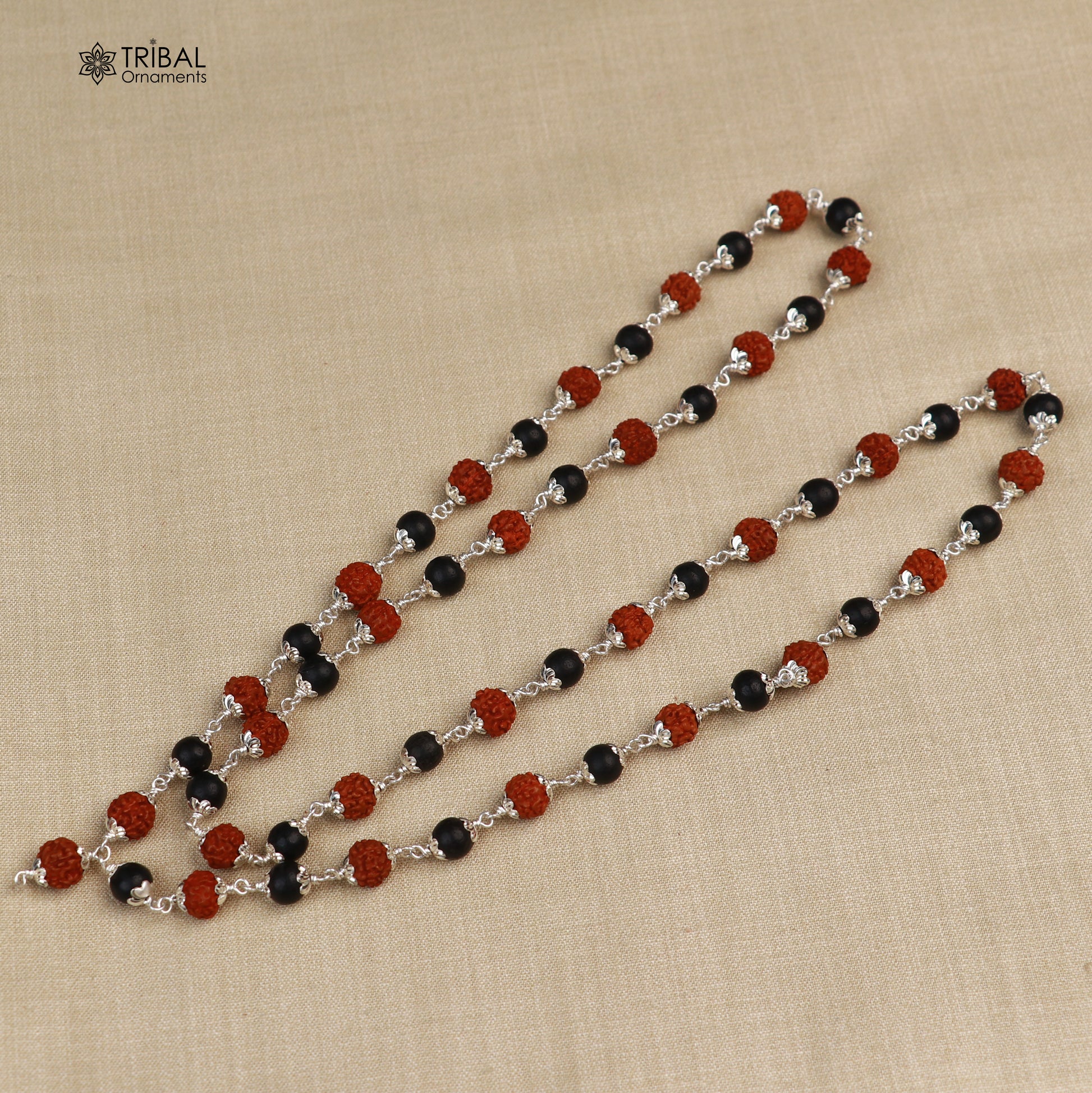Silver Navkar Jaap mala with 54 and 108 beads, featuring Karungali and Rudraksha beads, crafted in 925 solid silver.