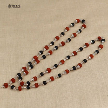 Silver Navkar Jaap mala with 54 and 108 beads, featuring Karungali and Rudraksha beads, crafted in 925 solid silver.