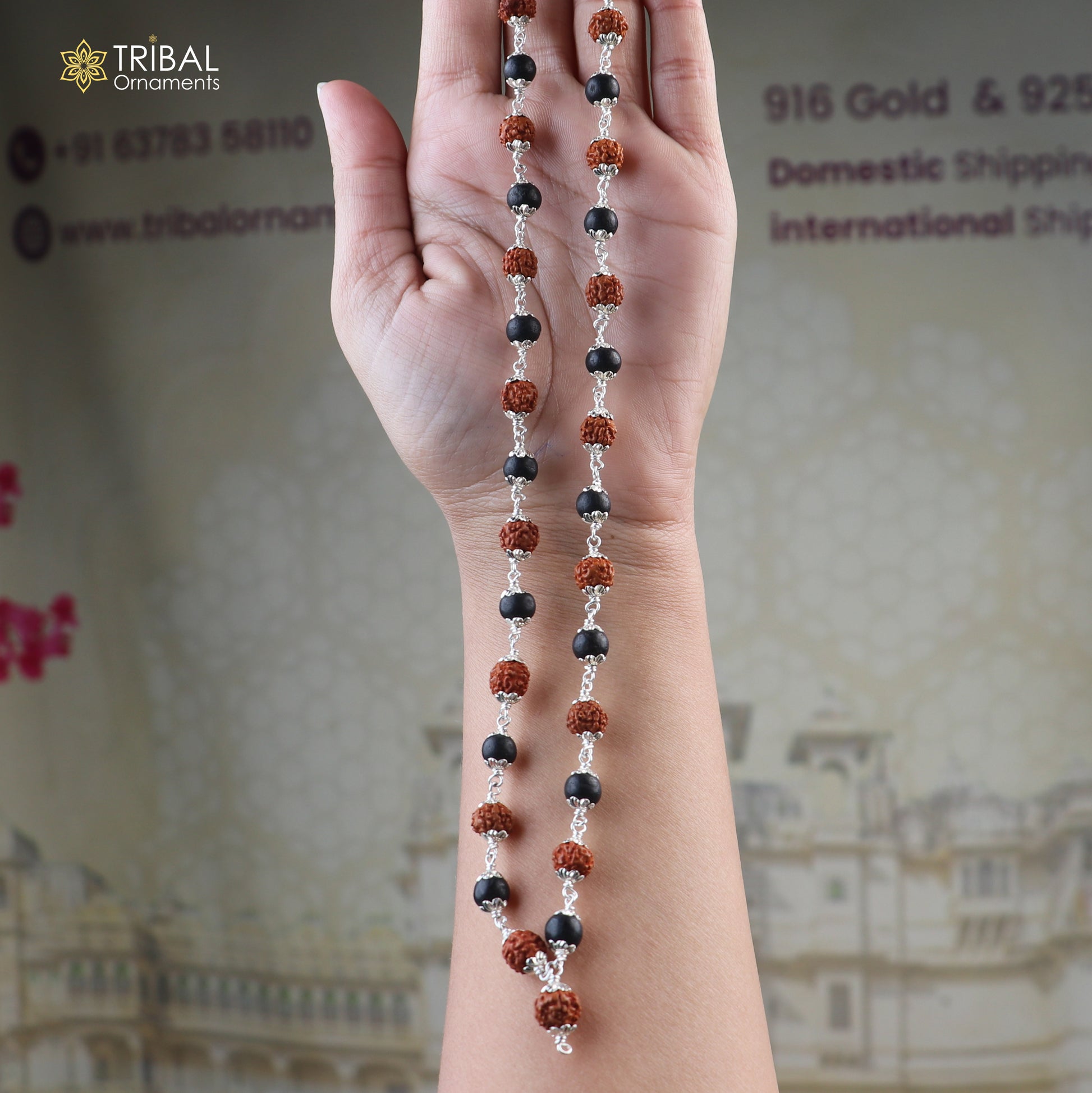 Silver Navkar Jaap Mala with 54/108 Karungali and Rudraksha beads, 925 solid silver chanting necklace, TRIBAL ORNAMENTS ch647.