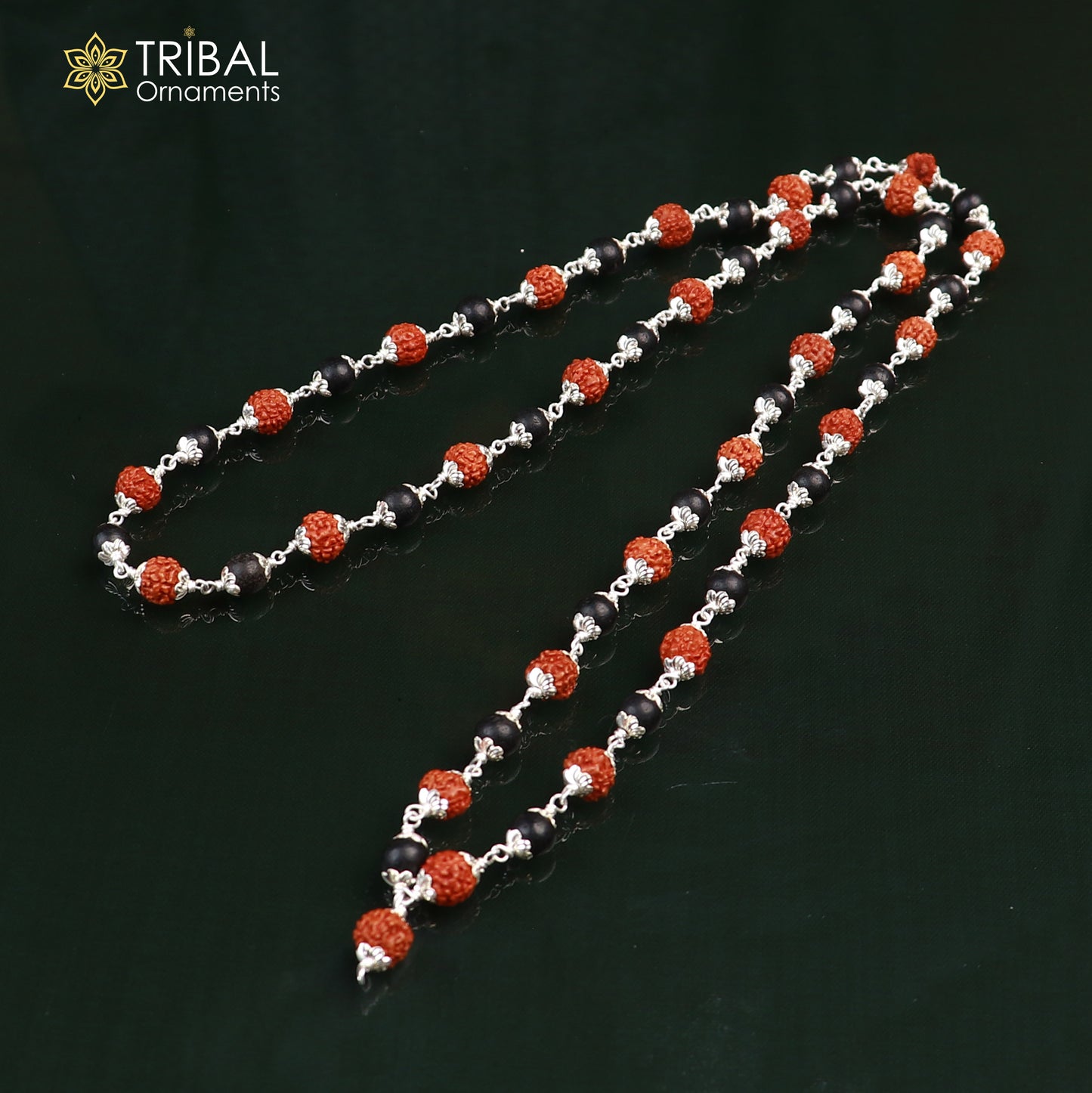 Silver Navkar Jaap mala with 54/108 Karungali and Rudraksha beads, 925 solid silver chanting necklace featuring intricate bead details.