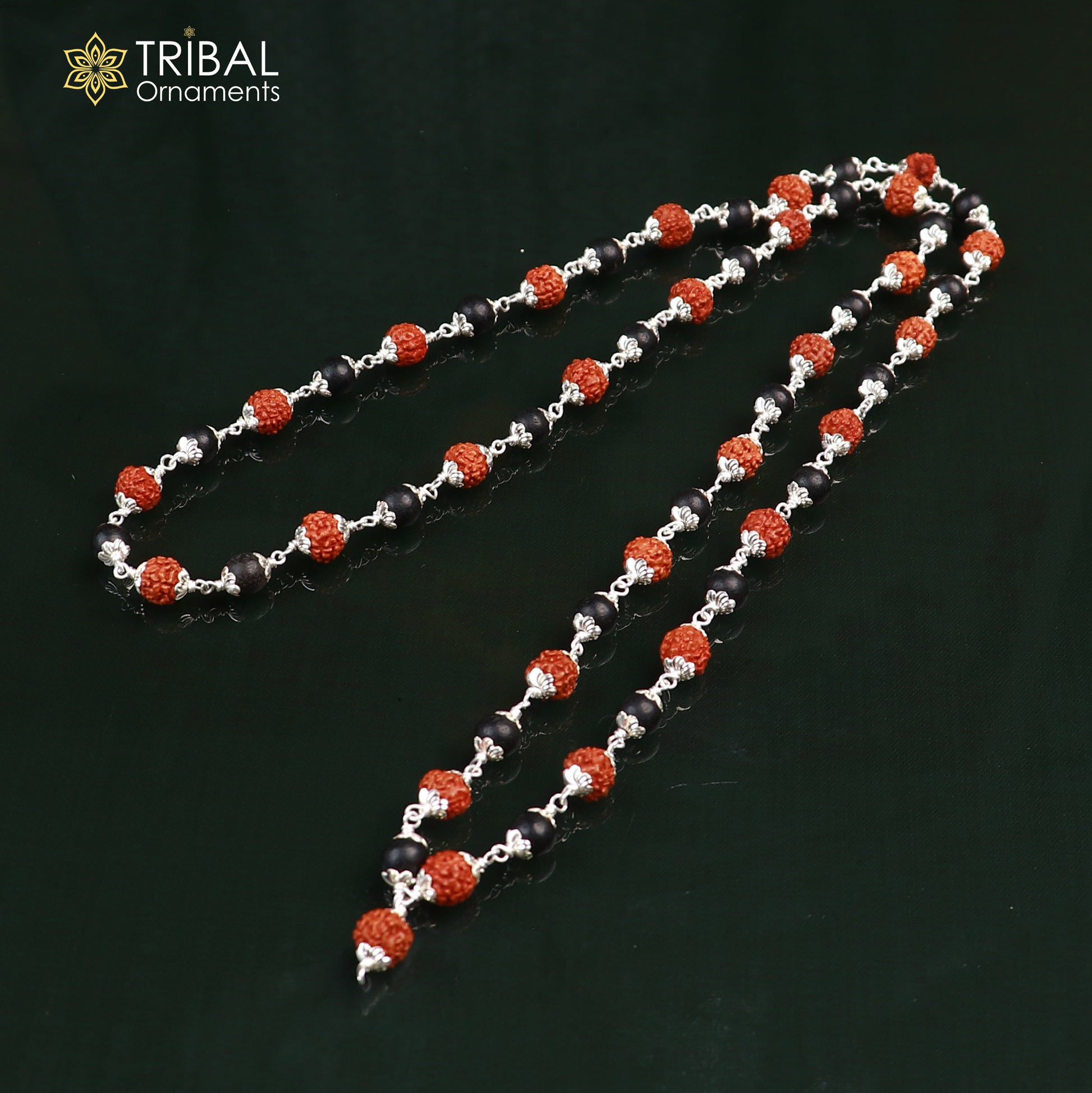 Silver Navkar Jaap mala with 54/108 Karungali and Rudraksha beads, 925 solid silver chanting necklace featuring intricate bead details.