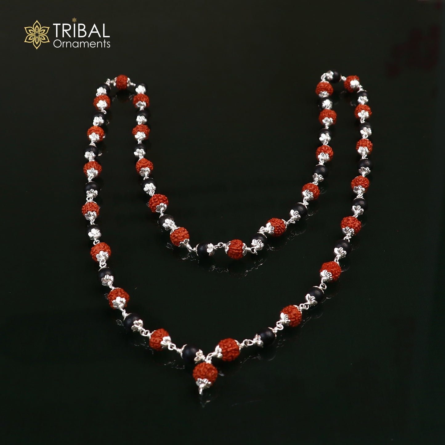 Silver Navkar Jaap mala with 54/108 Karungali and Rudraksha beads, 925 solid silver chanting necklace by TRIBAL ORNAMENTS.