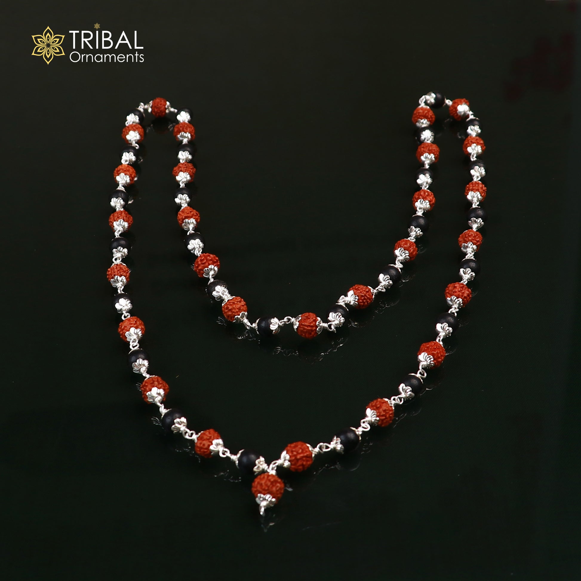 Silver Navkar Jaap mala with 54/108 Karungali and Rudraksha beads, 925 solid silver chanting necklace by TRIBAL ORNAMENTS.
