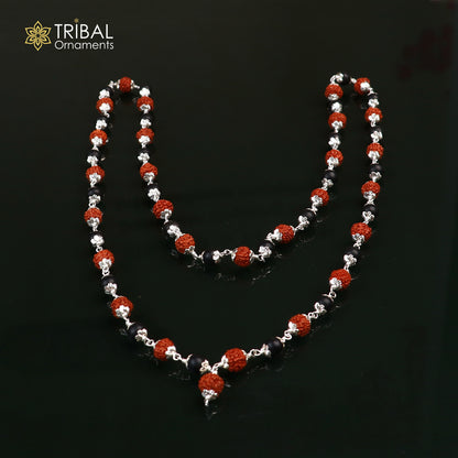 Silver Navkar Jaap mala with 54/108 Karungali and Rudraksha beads, 925 solid silver chanting necklace by TRIBAL ORNAMENTS.