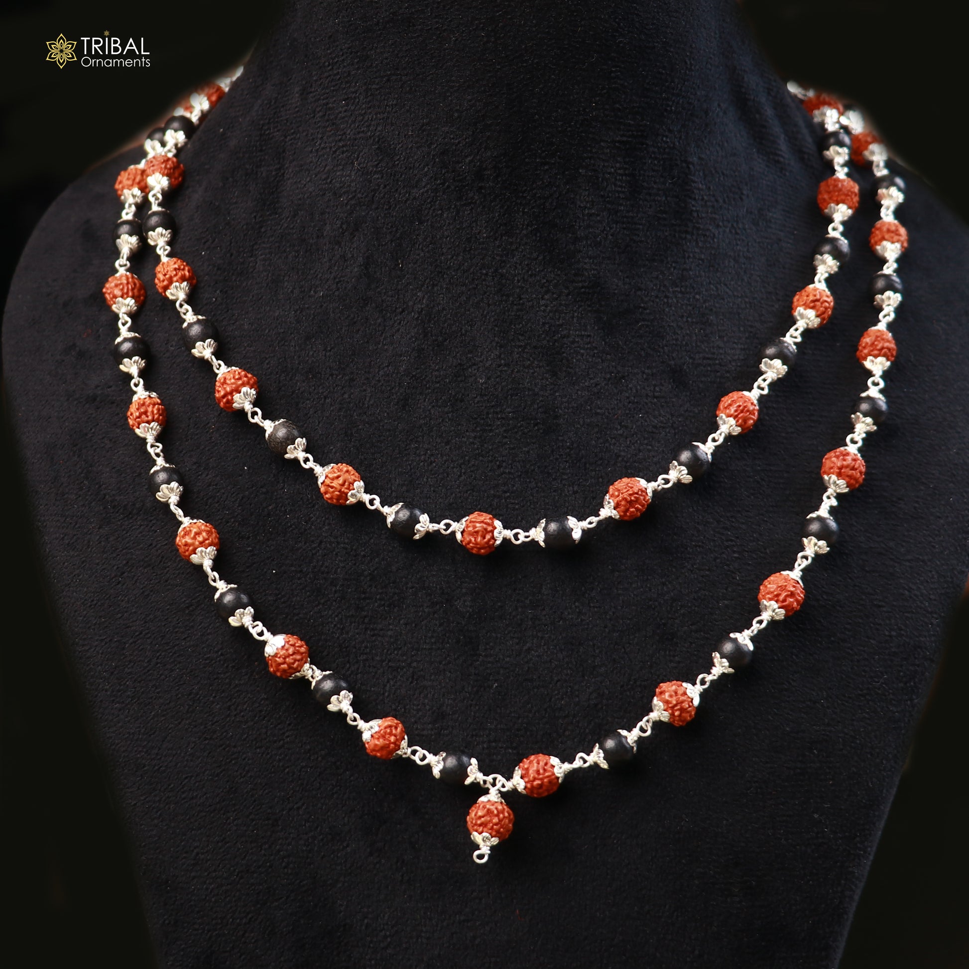 Silver Navkar Jaap Mala with 54 or 108 Karungali and Rudraksha beads, 925 solid silver chanting necklace.