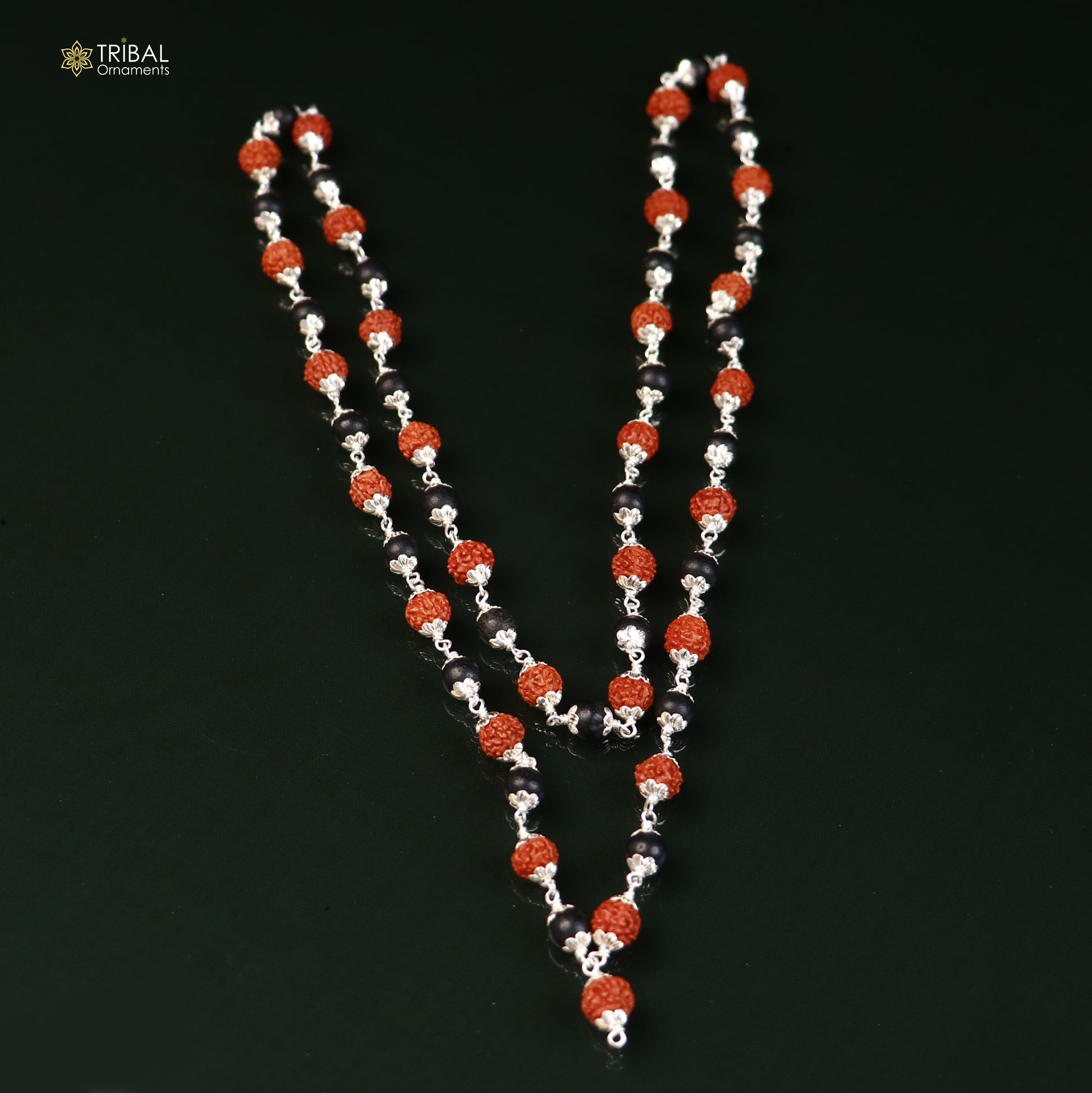 Silver Navkar Jaap mala with 54/108 Karungali and Rudraksha beads, 925 solid silver chanting necklace, tribal ornament design