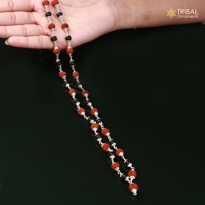 Silver navkar jaap mala with 54/108 beads of Karungali and Rudraksha, featuring a 925 solid silver chanting necklace.