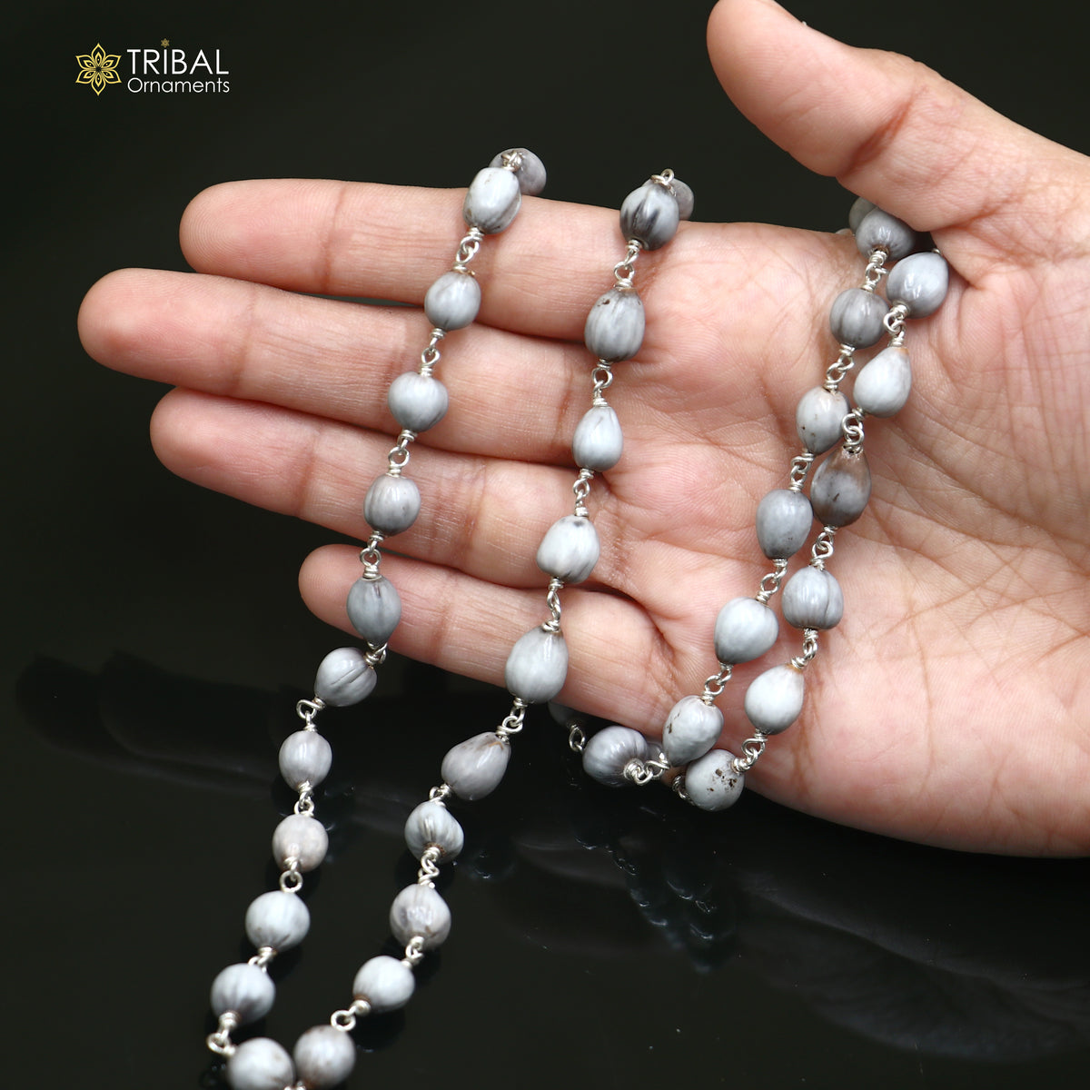 Silver Vaijayanti jaap mala with 54 beads, 925 solid silver chanting necklace by TRIBAL ORNAMENTS, close-up of beads and pendant.