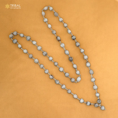 Silver Vaijayanti jaap mala with 54 beads, 925 solid silver chanting necklace by TRIBAL ORNAMENTS, detailed close-up image.