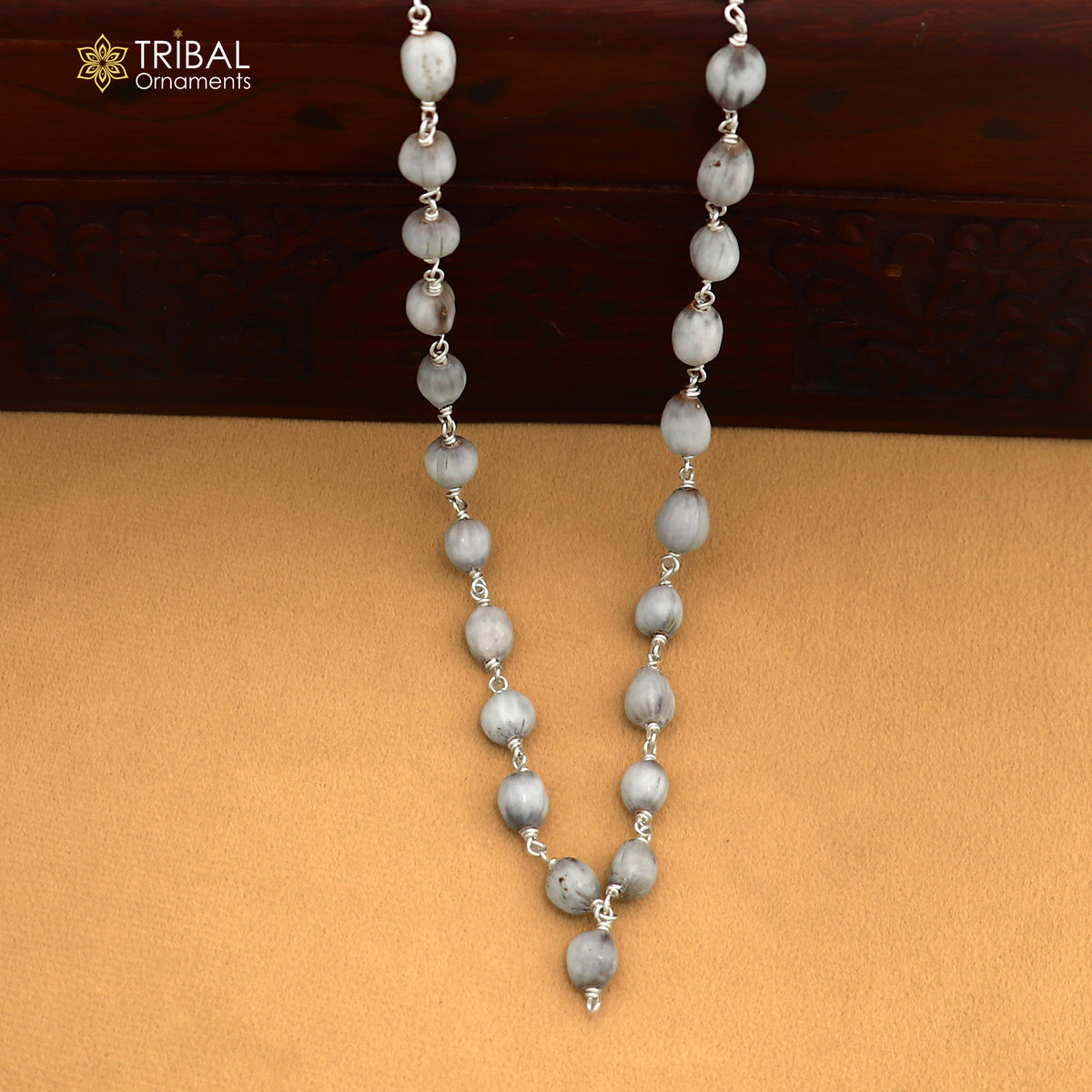 Silver Vaijayanti jaap mala with 54 beads, solid 925 silver chanting necklace by TRIBAL ORNAMENTS, close-up view of beads and details.