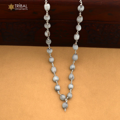 Silver Vaijayanti jaap mala with 54 beads, solid 925 silver chanting necklace by TRIBAL ORNAMENTS, close-up view of beads and details.