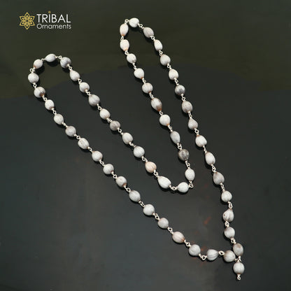Silver Vaijayanti jaap mala with 54 beads, 925 solid silver chanting necklace by TRIBAL ORNAMENTS, close-up of beaded design.