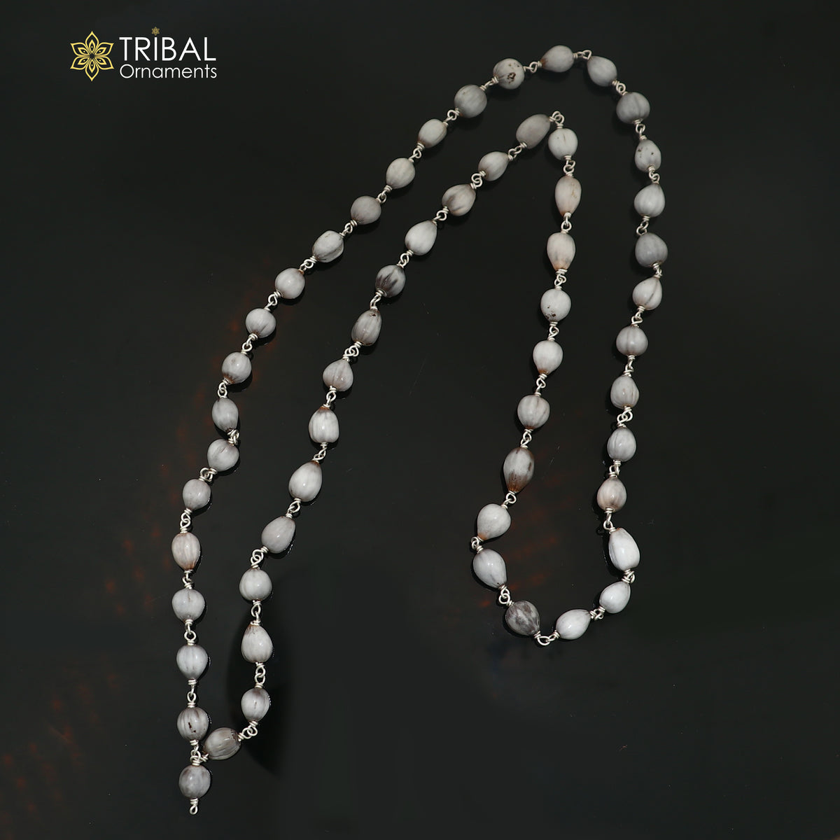 Silver Vaijayanti jaap mala with 54 beads, 925 solid silver chanting necklace by TRIBAL ORNAMENTS, close-up of beads and pendant.