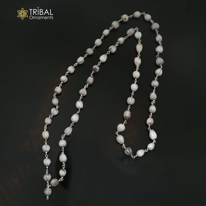 Silver Vaijayanti jaap mala with 54 beads, 925 solid silver chanting necklace by TRIBAL ORNAMENTS, close-up of beads and pendant.