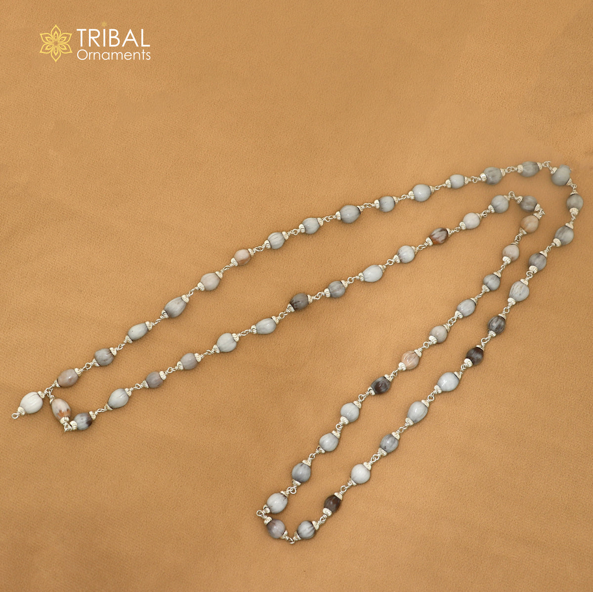 Silver Vaijayanti jaap mala with 54 beads, 925 solid silver chanting necklace from TRIBAL ORNAMENTS, detailed close-up.