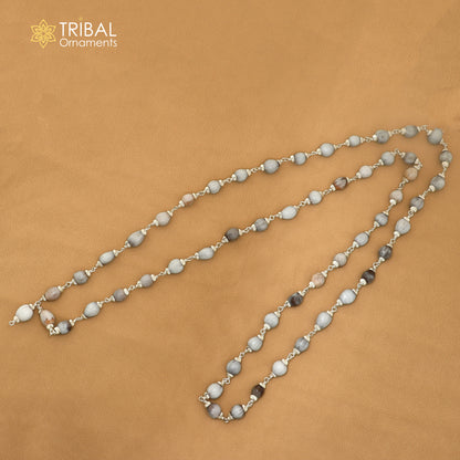 Silver Vaijayanti jaap mala with 54 beads, 925 solid silver chanting necklace from TRIBAL ORNAMENTS, detailed close-up.