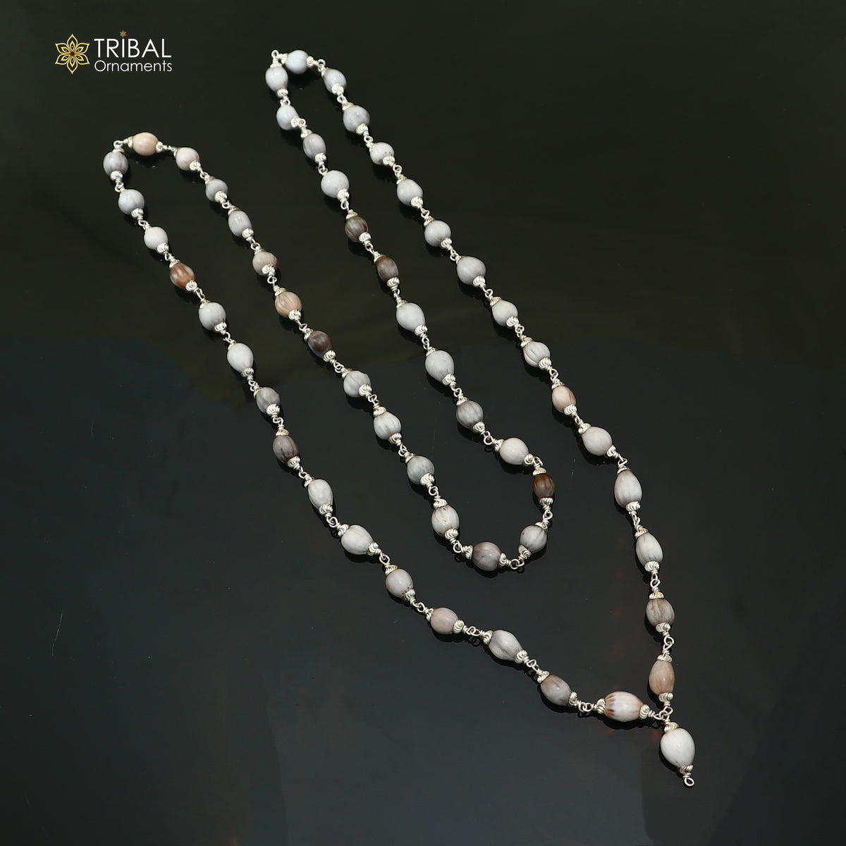 Silver Vaijayanti jaap mala with 54 beads, 925 sterling silver chanting necklace from TRIBAL ORNAMENTS.