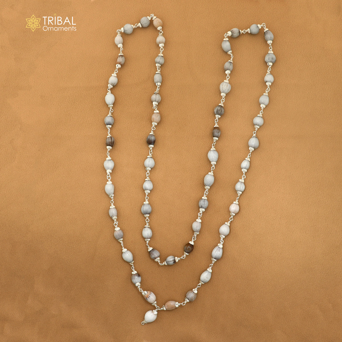 Silver 54 beads Vaijayanti jaap mala necklace with intricate detailing, crafted from 925 sterling silver by TRIBAL ORNAMENTS.