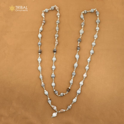 Silver 54 beads Vaijayanti jaap mala necklace with intricate detailing, crafted from 925 sterling silver by TRIBAL ORNAMENTS.