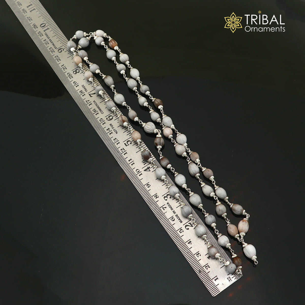 Silver Vaijayanti jaap mala with 54 beads, TRIBAL ORNAMENTS solid silver chanting necklace, detailed close-up of beads and design