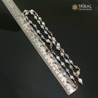 Silver Vaijayanti jaap mala with 54 beads, TRIBAL ORNAMENTS solid silver chanting necklace, detailed close-up of beads and design