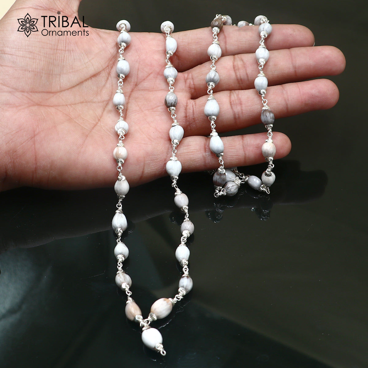 Silver Vaijayanti jaap mala with 54 beads, handcrafted 925 solid silver chanting necklace featuring intricate detailing.