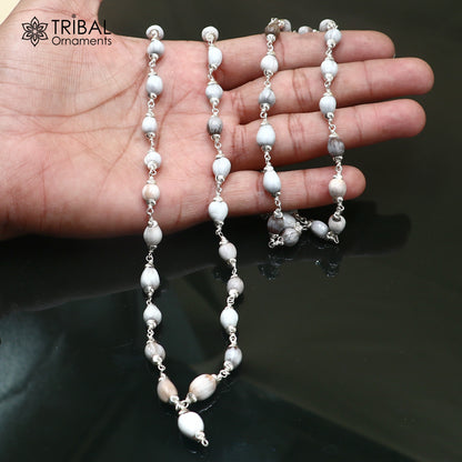 Silver Vaijayanti jaap mala with 54 beads, handcrafted 925 solid silver chanting necklace featuring intricate detailing.