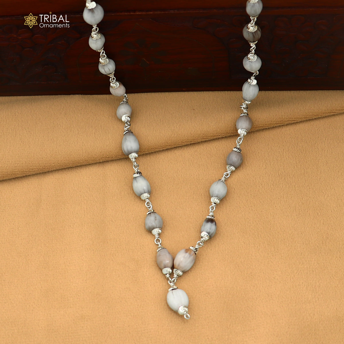 Silver 54 beads Vaijayanti jaap mala chanting necklace with 925 solid silver beads, crafted by TRIBAL ORNAMENTS.