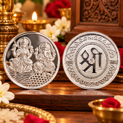 Pure 999 silver Indian coin featuring Lord Ganesha and Laxmi print, 5 grams, collectible and ideal for gifting by Tribal Ornaments.