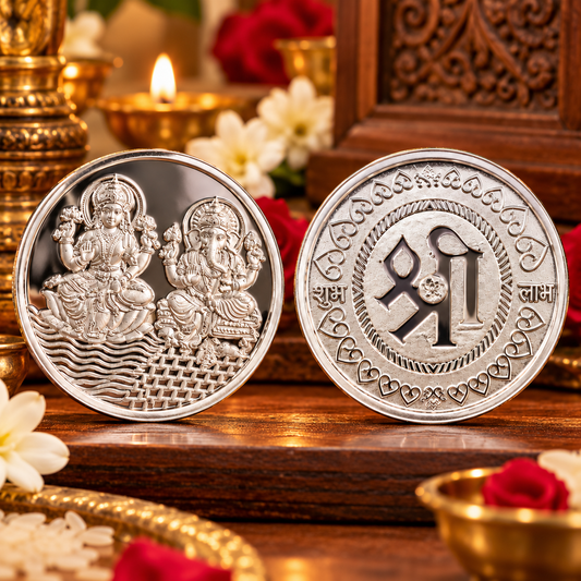 Pure 999 silver Indian coin featuring Lord Ganesha and Laxmi print, 5 grams, collectible and ideal for gifting by Tribal Ornaments.