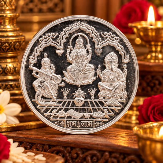 Silver Indian idol coin featuring Lord Ganesha, Laxmi, and Saraswati print, 20 grams, collectible gift from Tribal Ornaments.