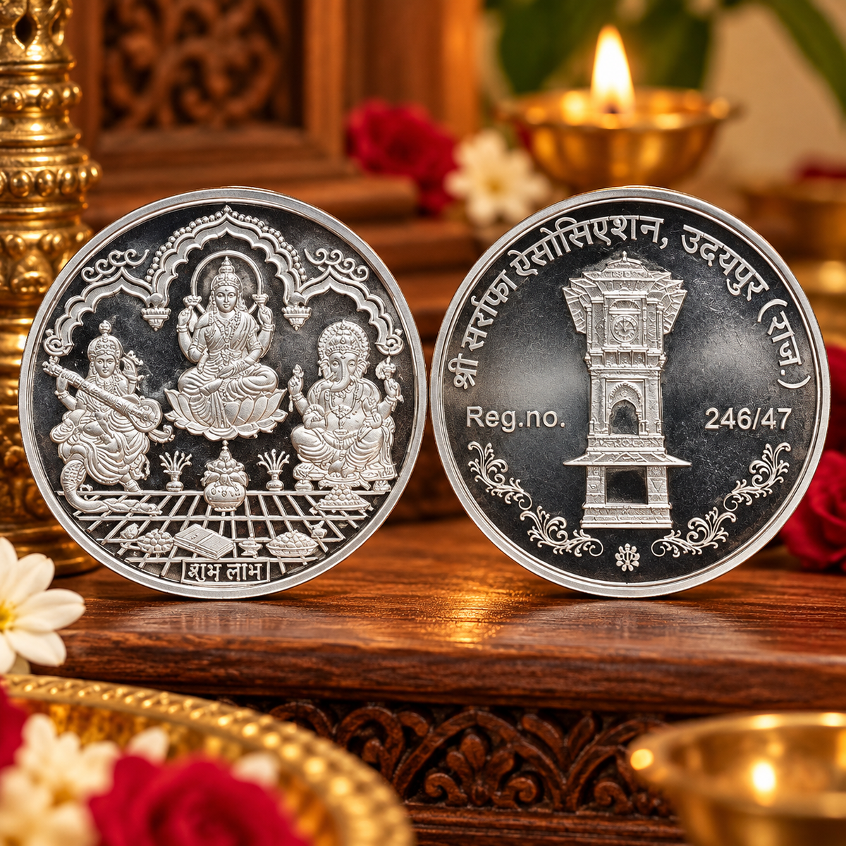 999 Silver Purity Ganesha + Lakshmi + Saraswati 50 Gram Coin for diwali CN17
