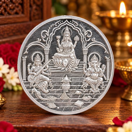 Silver coins featuring Ganesha, Lakshmi, and Saraswati, 100 grams, for Diwali, from Tribal Ornaments.