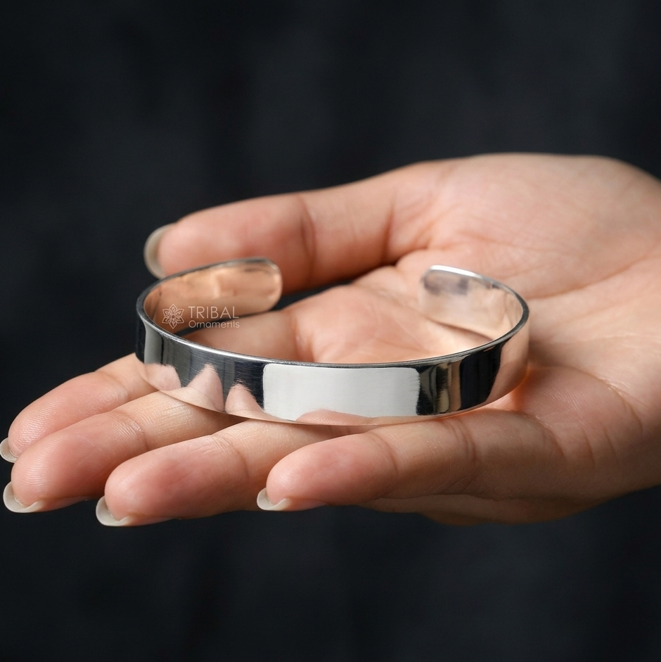 Sterling silver plain cuff bracelet by TRIBAL ORNAMENTS, unisex jewelry with smooth, minimalist design for boys and girls.