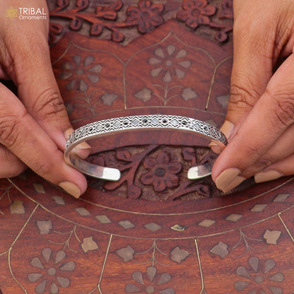 Stylish unisex 925 sterling silver adjustable bangle cuff with intricate tribal design jewelry by TRIBAL ORNAMENTS.